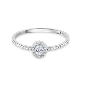   Fehérarany eljegyzési gyűrű közepén virág formájú fehér cirkónia kövekkel, két szélén apróbb  fehér cirkónia kövekkel