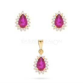   Sárga arany csepp formájú szett, fehér és pink cirkónia kövekkel