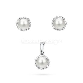   Fehérarany szett, tenyésztett gyönggyel és fehér cirkónia kövekkel