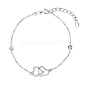   Szíves, ródiumozott 925 ezüst karkötő, fehér cirkónia kövekkel