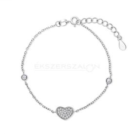   Szíves, ródiumozott 925 ezüst karkötő, fehér cirkónia kövekkel