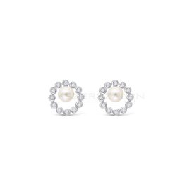   Ródiumozott 925 ezüst fülbevaló, fehér cirkónia kövekkel és tenyésztett gyönggyel