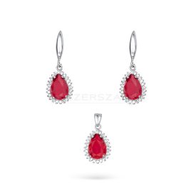   Ródiumozott lógós, csepp alakú 925 ezüst szett, fehér és piros cirkónia kövekkel