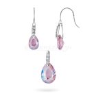 Ródiumozott, csepp alakú, lógós 925 ezüst szett, rózsaszín swarovski kristállyal és fehér cirkónia kövekkel