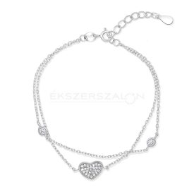   Szíves, ródiumozott 925 ezüst karkötő, fehér cirkónia kövekkel