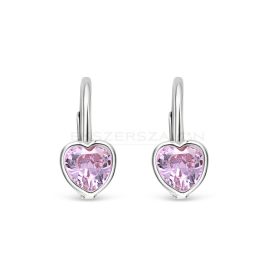   Ródiumozott, szív formájú 925 ezüst fülbevaló, rózsaszín cirkónia kővel