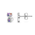 Cica formájú ródiumozott 925 ezüst fülbevaló multicolor cirkónia kövekkel